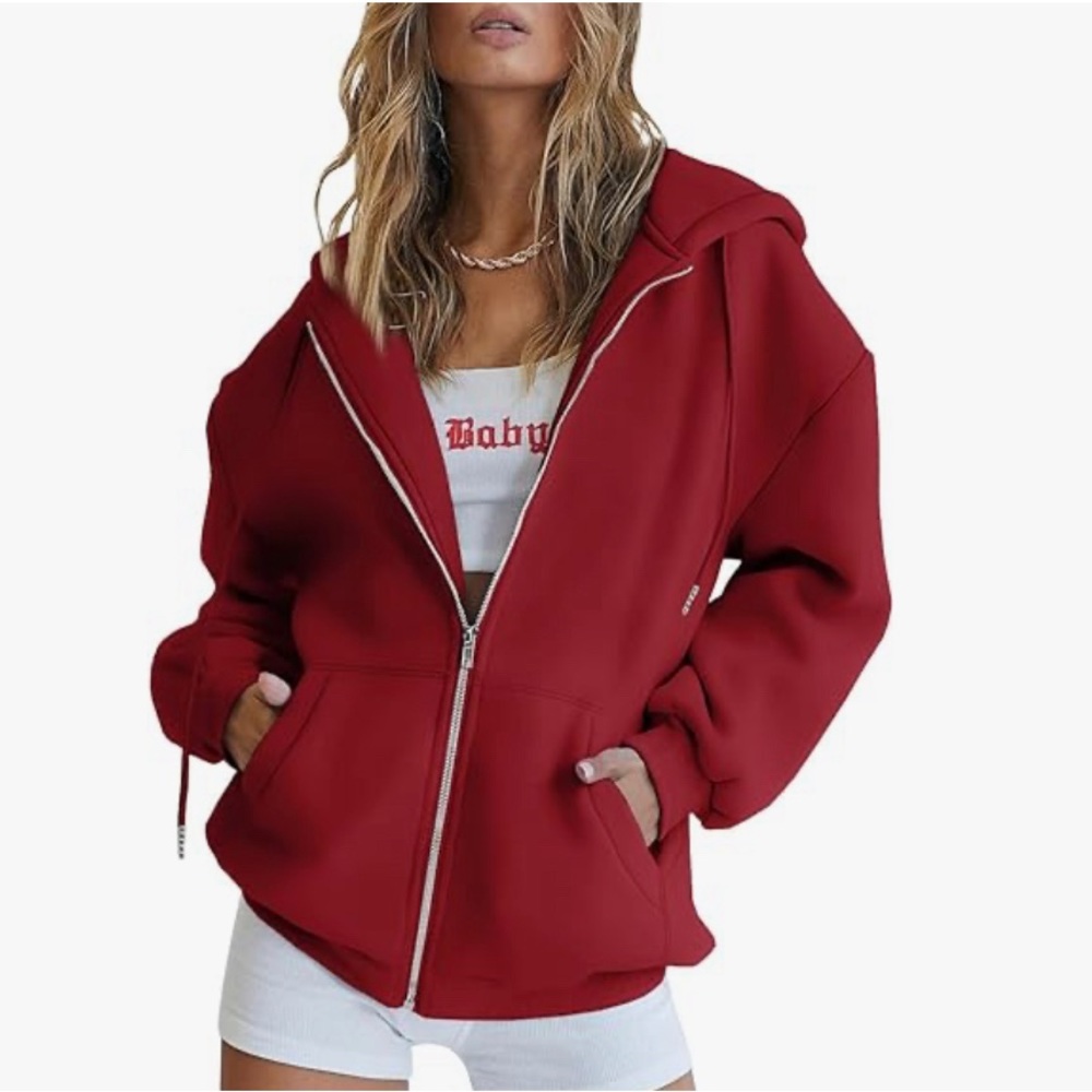 Cute women’s red zip-up hoodie, long sleeve, hood